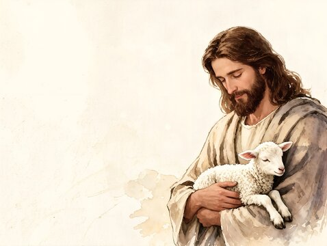 Jesus Holding a Lamb in Soft Watercolor Christian Illustration