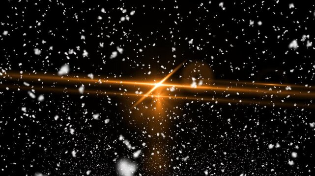 Orange Flare Light with Falling Snowflakes on Black Background