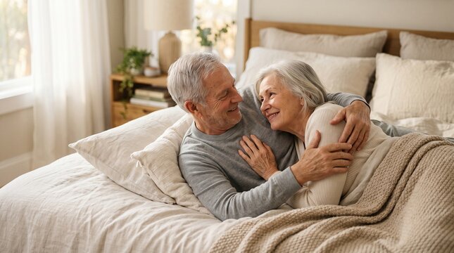 Happy elderly couple embracing affectionately while relaxing under warm blanket together inside cozy bright bedroom at home space.