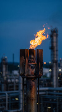 Industrial gas flare stack flame burning at refinery plant during dusk
