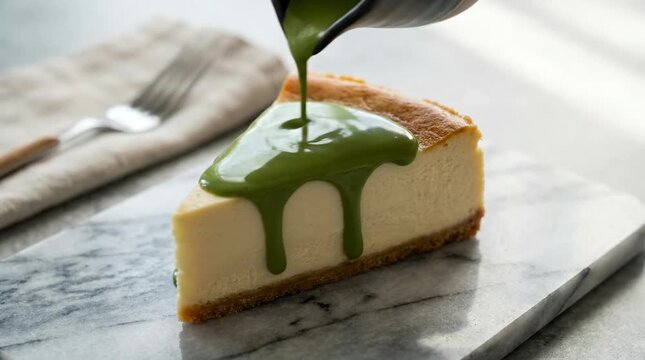 Matcha sauce pouring over cheesecake slice
