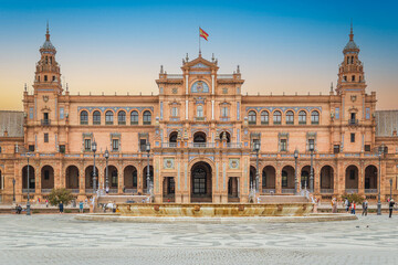The Plaza de España (Spain Square), a plaza in Maria Luisa Park in Seville, Spain at sunset © I-Wei Huang