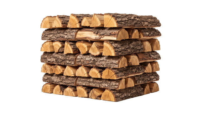 Neat pile of split firewood logs stacked on a white background for heating and fuel.