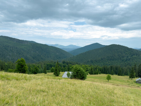 Idyllic mountain panoramic scene with a traditional wooden shepherd's hut in a green meadow in summer