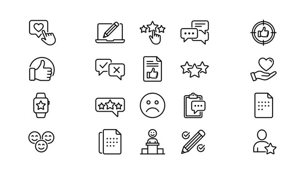 Customer Testimonial and Product Review Line Icon Set for User Experience Surveys, E-commerce Rating Forms, and Business Feedback Analytics App Layouts