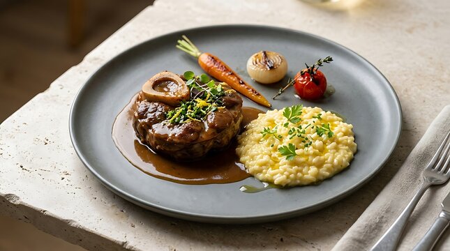 Delicious osso buco veal shank with creamy risotto and fresh roasted vegetables on a grey round plate. veal osso bucco