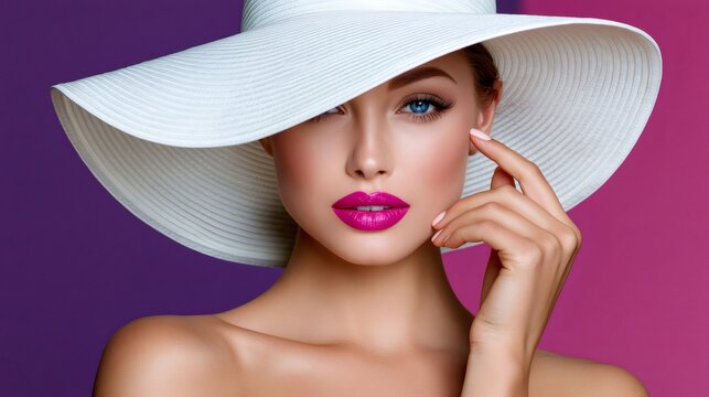 Glamorous woman wearing elegant sun hat and vibrant makeup