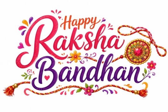 Happy raksha bandhan text with colorful decorative thread on white