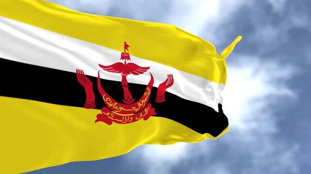 Brunei National Flags Waving with Sky Background.