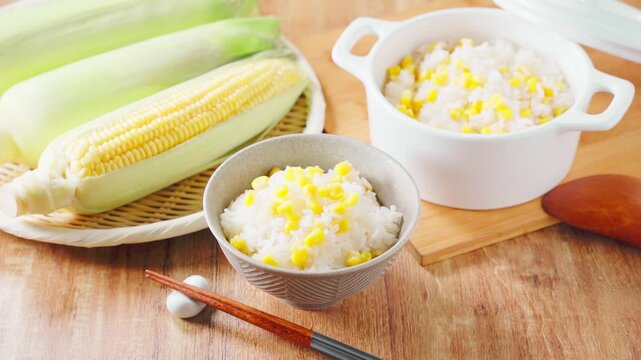 とうもろこしご飯 茶碗に盛ったコーンの炊き込みご飯