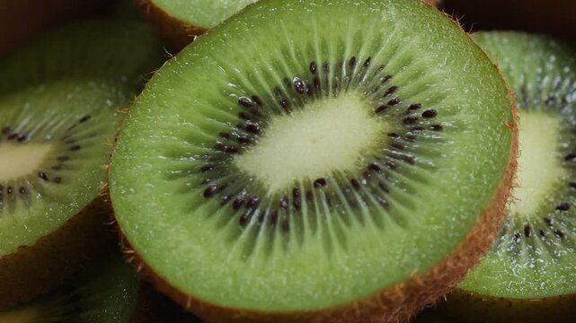 Fresh green and brown kiwi fruit whole and sliced