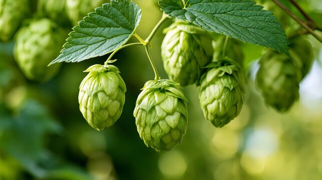 Fresh green hops growing on vine in garden