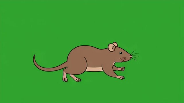 A cartoon brown rat scurries across a vibrant green background.