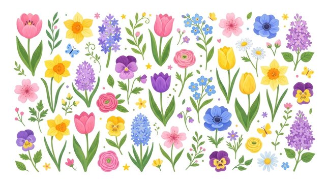 A colorful collection of spring flowers and leaves on a white background.