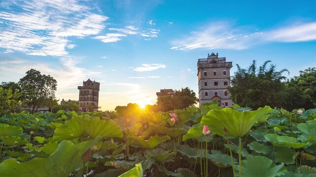 Kaiping Diaolou (watchtowers) Zili Village Diaolou Cluster under the blue sky and white clouds at dawn