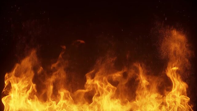 Close-up shot of a roaring fire with glowing embers and sparks against a dark background.