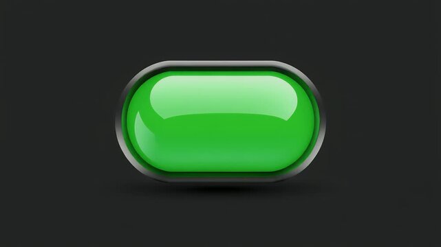 A glossy green button with a metallic frame on a dark background.