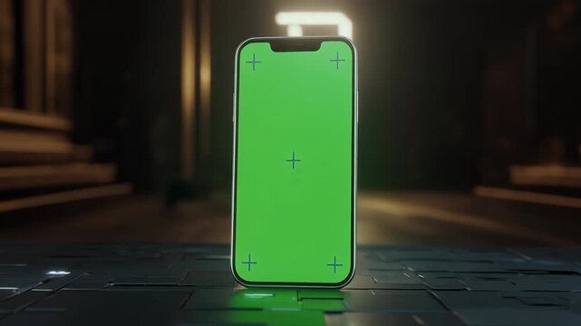 A modern smartphone with a green screen sits on a textured surface.