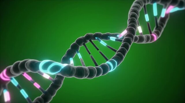 A glowing DNA double helix structure against a green background.