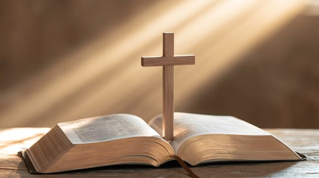 Open bible with wooden cross receiving divine light