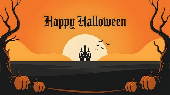 Happy Halloween text, spooky castle silhouette, orange vector background, pumpkin harvest decoration, autumn night landscape, haunted house illustration