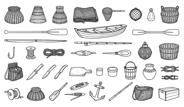 Traditional fishing gear equipment, artisanal fishery tools, wooden boat accessories, and rustic aquatic catching gear black line vector icons set isolated on white background