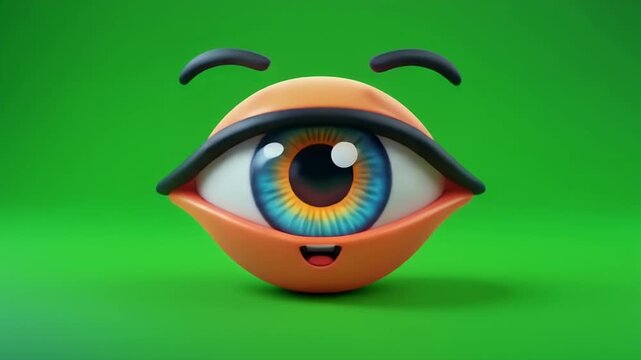 A whimsical cartoon eye with an orange face smiles against a green background.