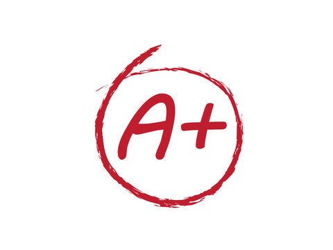 Red A+ grade symbol inside a rough hand drawn circle. Academic mark creates a bold educational graphic. Ideal for exams, grading, certificates, feedback, teaching, and achievement designs.
