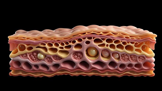 A detailed cross-section of human skin reveals its complex layered structure and subcutaneous fat.