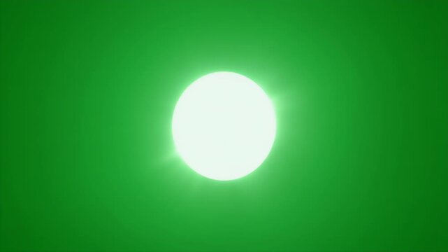 A bright white circle with light rays emanates from a vibrant green background.