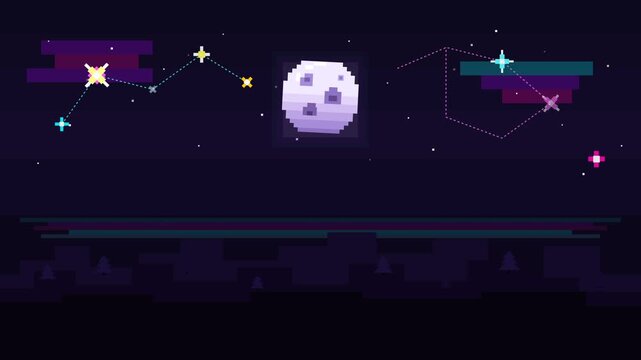 Pixel Art Night Sky with Moon and Stars Retro Video Game Landscape Background