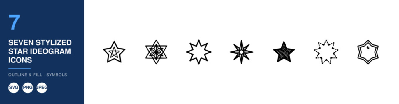 Seven Stylized Star Ideogram Icons, Outline and Fill Symbols Set, Vector Design Elements for Branding and Graphic