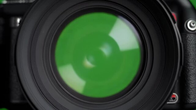 Macro shot of a camera lens aperture with a green circle in the center.