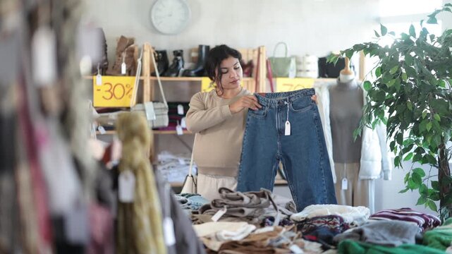 In sales area of store, pregnant Latin woman customer chooses jeans. Creating capsule wardrobe, branded clothing at affordable prices. Modern urban fashion, casual practical clothes