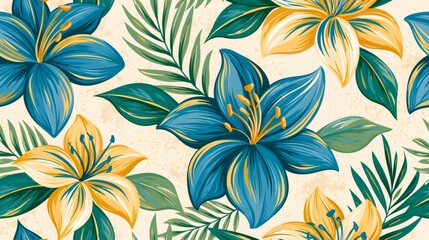 Fototapeta premium Seamless tropical floral pattern with blue and yellow lilies