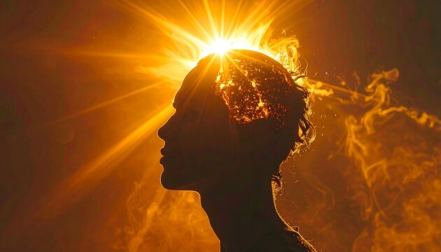 Silhouette of Person with Glowing Brain and Sun.