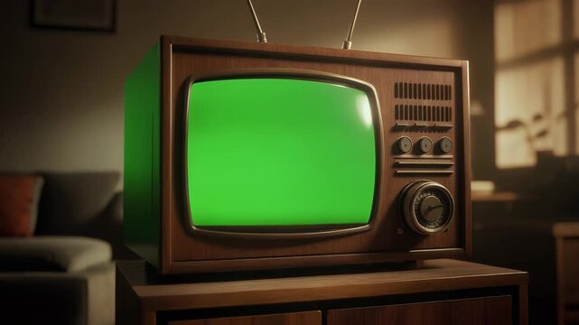 A vintage television with a green screen sits on a wooden cabinet in a dimly lit room.