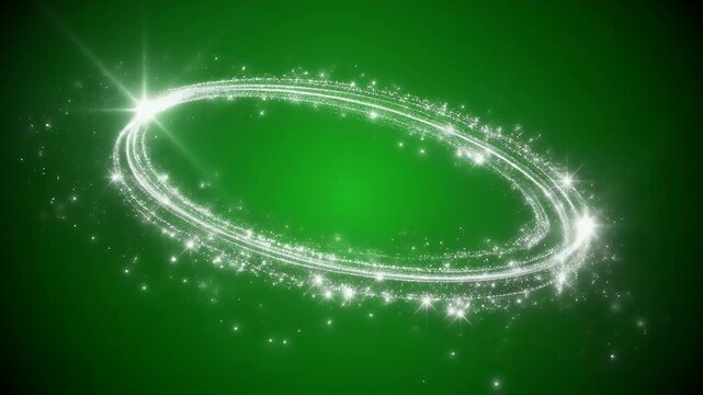 A bright streak of white glitter swirls in an oval shape against a gradient green background.