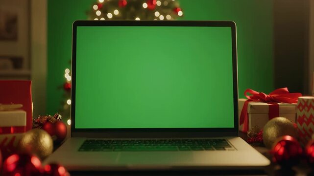 A laptop with a green screen sits on a desk with Christmas decorations.