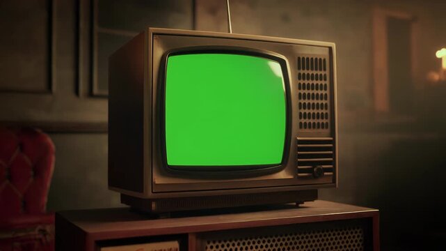 A vintage television with a green screen is featured in a dimly lit room.
