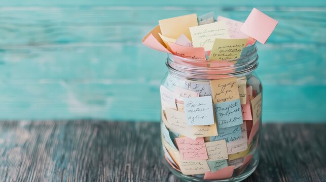 Friendship trust memories, A glass jar filled with colorful handwritten notes and papers sits on a wooden surface against a teal blurred background.