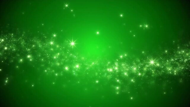 A bright, glowing green particle trail with starbursts against a deep green background.
