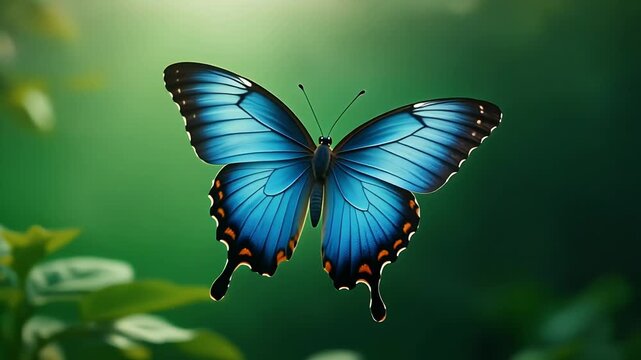A vibrant blue butterfly with intricate wing patterns flutters in a lush green environment.
