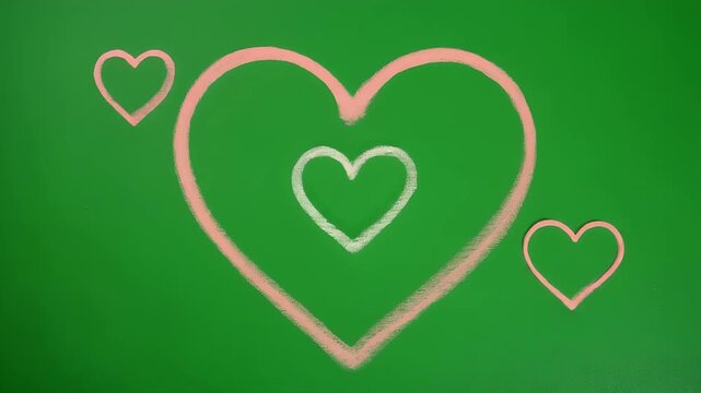Chalk hearts drawn on a green background