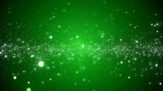 A vibrant green background with a scattering of glowing white particles and stars.