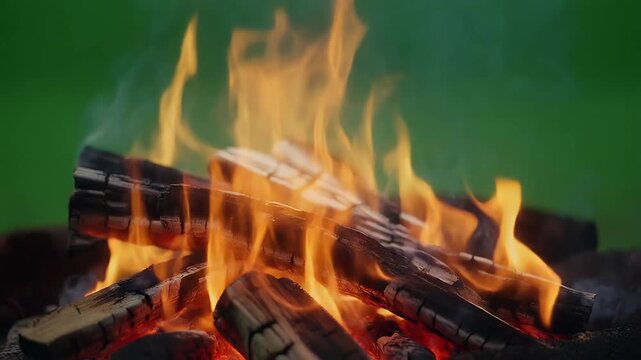 Close-up shot of burning logs in a campfire with smoke rising against a green background.