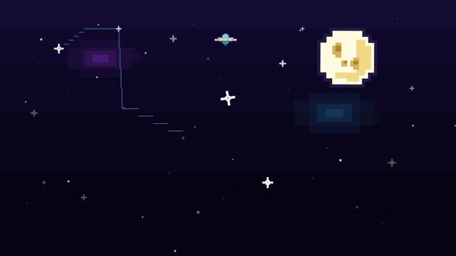 Pixel art outer space background featuring moon stars and spaceship in retro 8-bit gaming style for digital projects and galactic animation backdrop