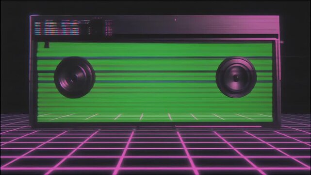 Retro cassette player with glitch screen and neon grid.