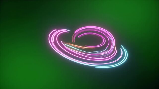 Abstract swirling neon lights on a dark green background.