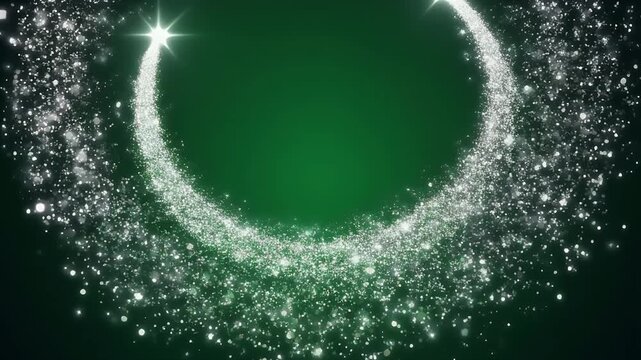 A magical sparkling trail with two bright stars on a dark green background.